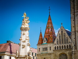 Fototapeta premium The Church of Our Lady at Buda Castle in Budapest, historic Gothic landmark and famous Hungarian tourist attraction. Fishermans Bastion