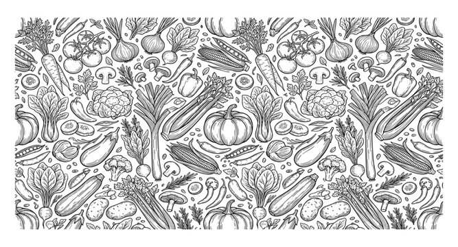 Seamless pattern of various fresh vegetables and produce in sketch style on grey background.