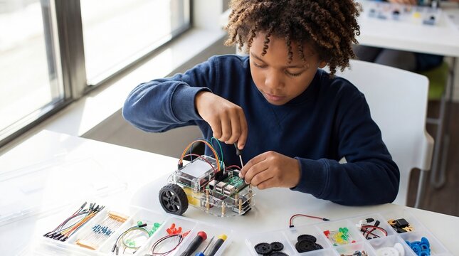 Focused african american boy assembling a robotic car in a classroom