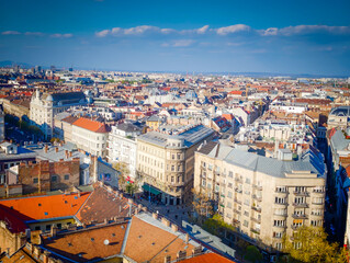 Obraz premium Aerial drone panorama of Budapest Old Town, Hungary. Historic cityscape with iconic architecture and Danube River in Hungary. Panoramic view