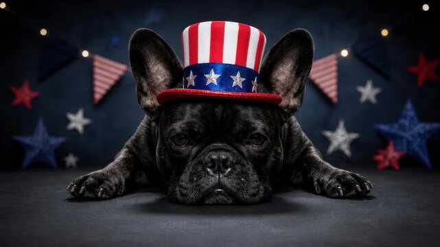 Cute French Bulldog wearing a patriotic American Uncle Sam top hat resting on a dark background with stars and bunting, 4th of July Independence Day holiday concept