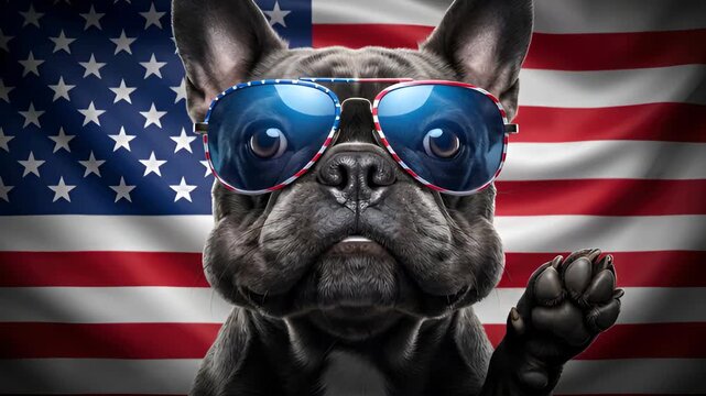Cute black French bulldog wearing aviator sunglasses with an American flag reflection, standing against a USA flag background with one paw raised. Patriotic 4th of July pet portrait