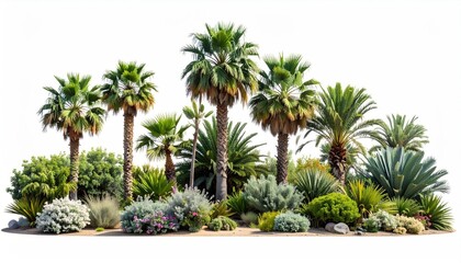 Obraz premium Lush tropical and desert plants, including palm trees and agave, arranged attractively