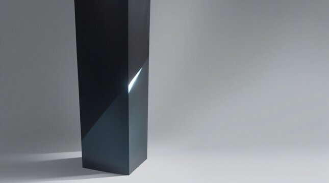 Abstract dark obsidian pillar with a sharp glowing light streak in a minimalist white studio environment.