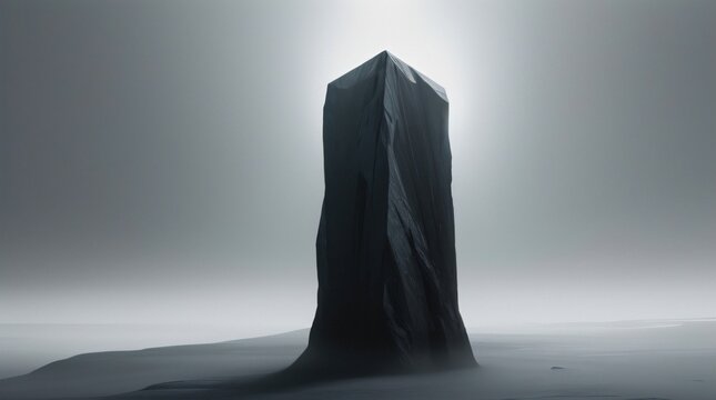 Minimalist black monolith structure standing in a vast empty foggy landscape, ethereal atmosphere