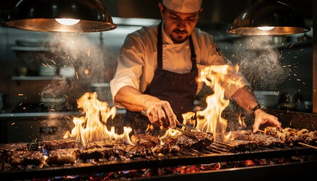 Hot line action with a chef skillfully grilling meats over open flames the intense heat creating a dynamic fiery backdrop.