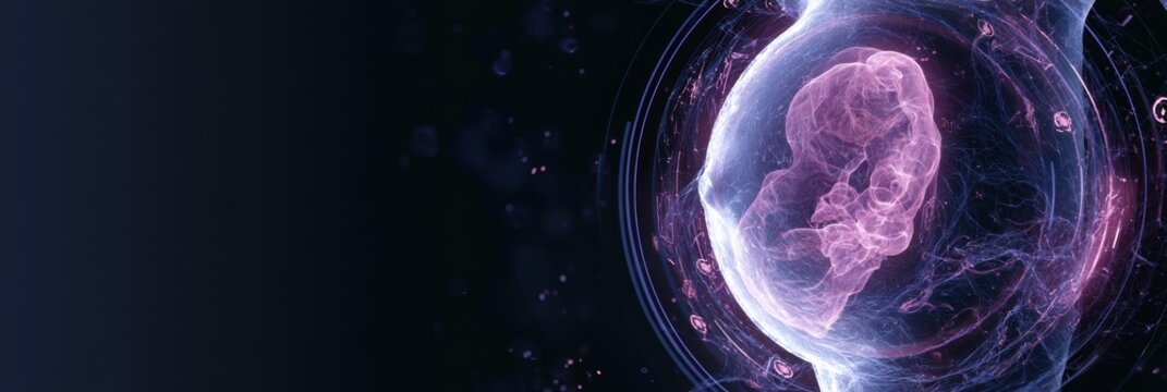 Visually depicts high-risk pregnancy monitoring with a protective shell around an abstract pregnant form and glowing health indicators present.