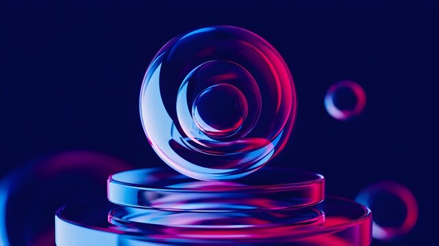 Abstract Glass Spheres 3D Render Futuristic Geometric Shapes with Neon Light Reflection Digital Background, Transparent Liquid Glass Torus Rings Arranged on a Multi Layered Presentation Stage Showcase
