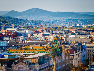 Naklejka premium Aerial drone panorama of Budapest Old Town, Hungary. Historic cityscape with iconic architecture and Danube River in Hungary. Panoramic view