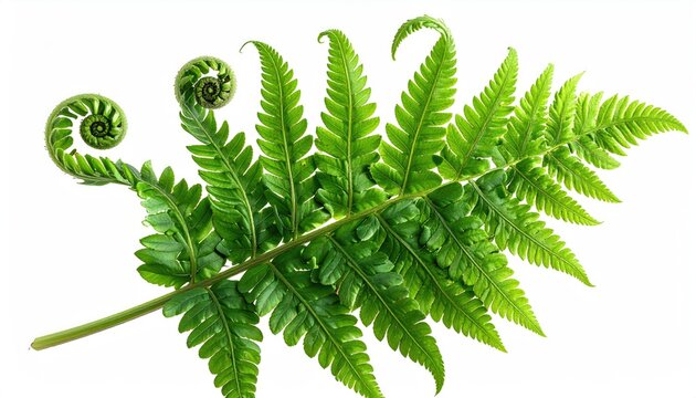 Green fern frond unfurls from coiled fiddleheads on white background