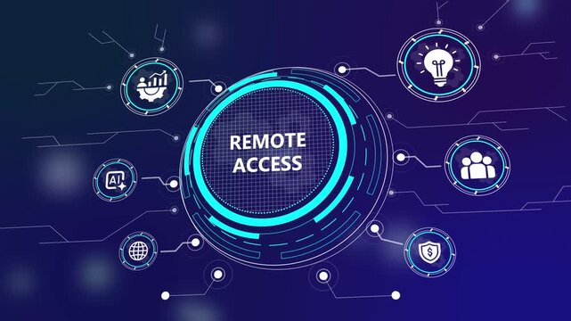 Futuristic Digital Interface Displaying Remote Access Text with Tech Icons for AI Security Global Connectivity and Collaborative Business Innovation on Dark Blue Abstract Background