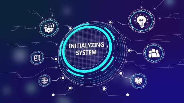 Futuristic Digital HUD Interface Displaying Initializing System Progress with Floating Technology Icons for AI Data Analytics Security Global Connection and Business Innovation