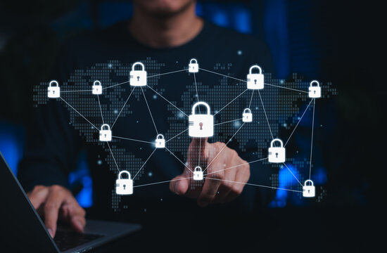 Cybersecurity network protection concept. padlock icon. manage encrypted data access, secure global connection, privacy lock, threat prevention, identity safety digital infrastructure security control