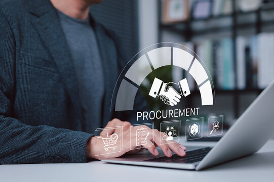 Procurement management concept. Person using laptop to analyze supplier workflow, purchasing process, contract approval, cost control, vendor selection, inventory planning, supply chain performance