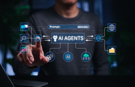 AI Agents and Prompt Automation Concept. Person touching virtual interface with prompt, workflow, coding, AI icons. autonomous agent, task automation, smart integration, digital productivity, chatbot,