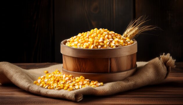 wooden container brimming with corn kernels on burlap cloth atop rustic wooden table ideal for farm design projects
