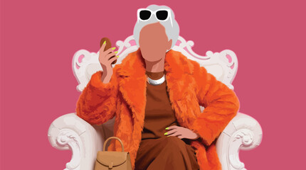 Naklejka premium Model woman wearing a bright orange faux fur coat.
