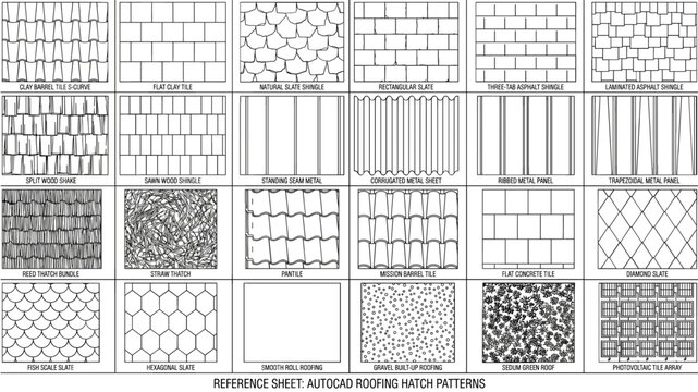 AutoCAD Roofing Hatch Pattern Reference Sheet for Architectural Technical Drawings Showing Tile Shingle and Surface Material Symbols

