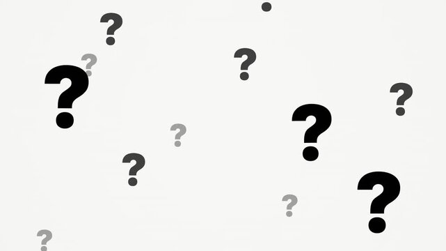 Animated sequence of question marks floating and rotating on a white background with a blank space below