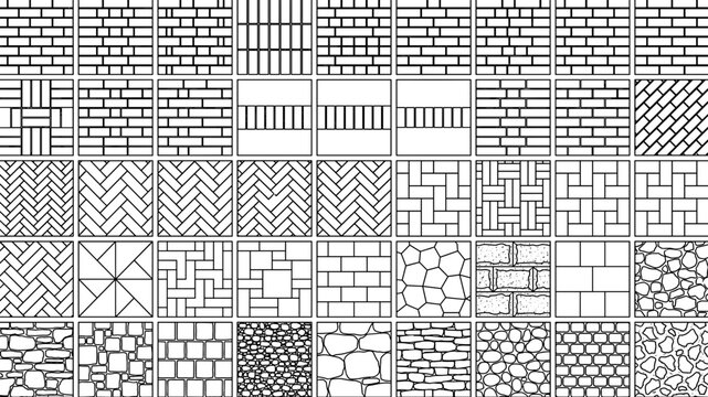 AutoCAD Paving and Masonry Hatch Pattern Reference Sheet for Architectural Technical Drawings Showing Brick Stone Tile and Flooring