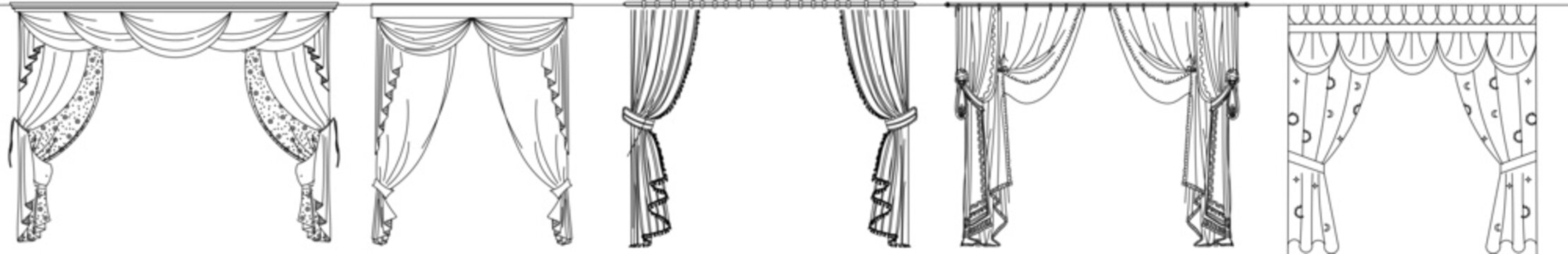 Collection of curtain and drapery design symbols featuring elegant swags, tails, and tiebacks. Includes styles with decorative tassels and fringe details