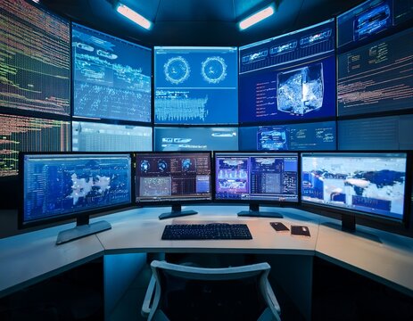 medium shot featuring a cyber reinsurance control room main screen in focus showing aggregated insured exposure metrics while peripheral displays fade into the background