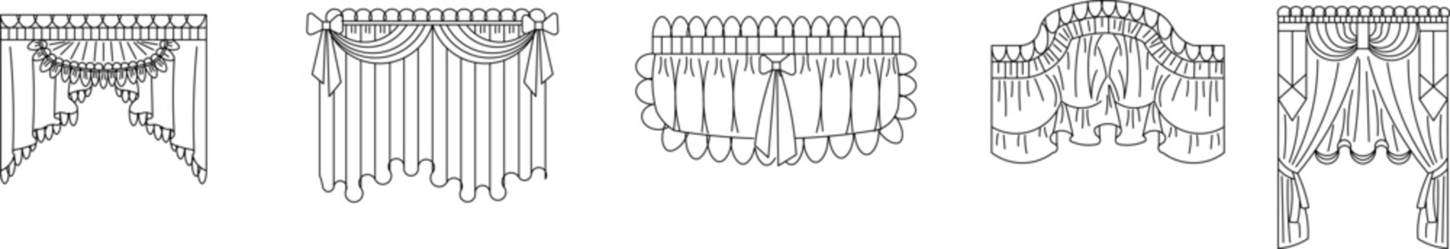 Collection of curtain and drapery design symbols featuring scalloped valances, swags with tails, gathered treatments, and ornate arrangements with fringe and ruffles. Window treatment symbols for inte