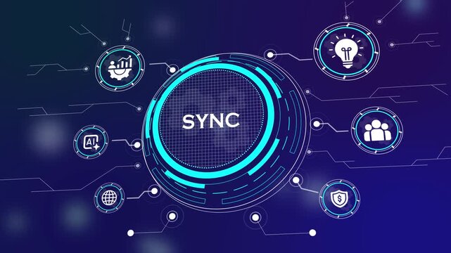 Futuristic Digital Interface Concept for Business Synchronization, Data Management, and Global Networking featuring Icons for AI, Innovation, Collaboration, and Security on a Dark Blue High-Tech Backg