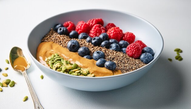 balanced granola bowl with berries hemp seeds maca powder and creamy peanut butter on white surface