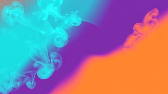 Overhead macro shot of cyan pigment diffusing into violet and burnt orange fluid