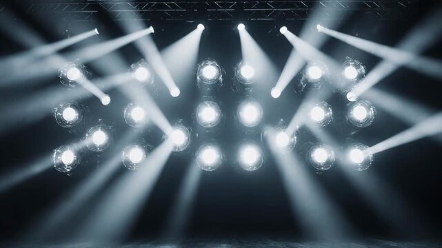 Bright stage spotlights casting dramatic beams in dark concert venue with symmetrical lighting rig