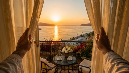 Fototapeta premium Sunset view over a tranquil coastal bay from a private balcony as hands draw back sheer curtains to reveal a small table set with coffee cups and a bouquet overlooking sea and town