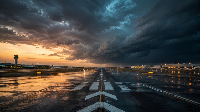 Dramatic storm approaching over a wet airport runway at sunset with reflective tarmac, illuminated lights, distant control tower and terminal buildings beneath turbulent clouds