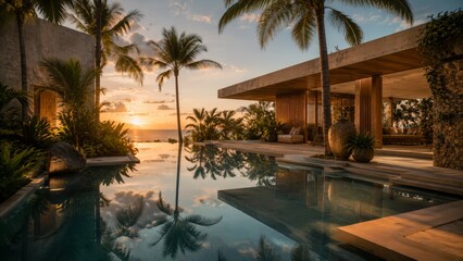 Fototapeta premium Sunset over a modern tropical villa with a luxurious infinity pool reflecting swaying palm trees and golden sky, open-air lounge and wooden deck overlooking the ocean.