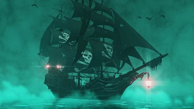 Ghost Pirate Ship In Cyan Fog - Side View - Cursed Haunted Ocean Loop Background Animation