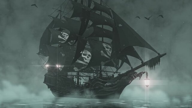 Ghost Pirate Ship In White Fog - Side View - Cursed Haunted Ocean Loop Background Animation