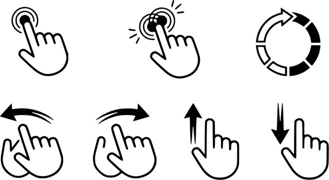 Set of touch screen gesture icons including tap, swipe, scroll and refresh for mobile app interface design