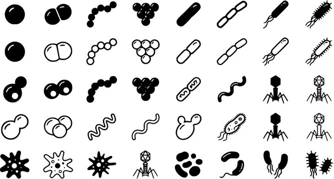 Microorganism icon set featuring various bacteria shapes, viruses and germs for medical or scientific design.