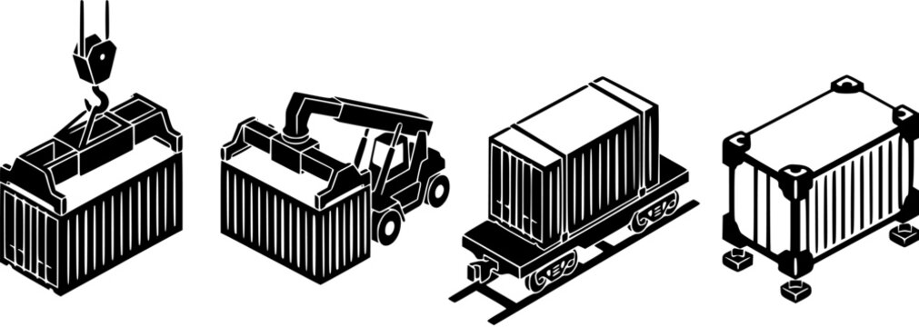 Isometric logistics icons set featuring shipping containers being handled by a crane, reach stacker and transported on a railway flatcar.