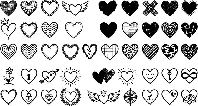 Set of fifty black heart icons with various patterns and symbols including wings, arrows, and locks isolated on a white background.