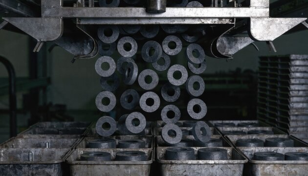 Medium shot showing toroidshaped ferrite cores being loaded into sintering kiln trays for uniform heat treatment in an automated manufacturing setting.