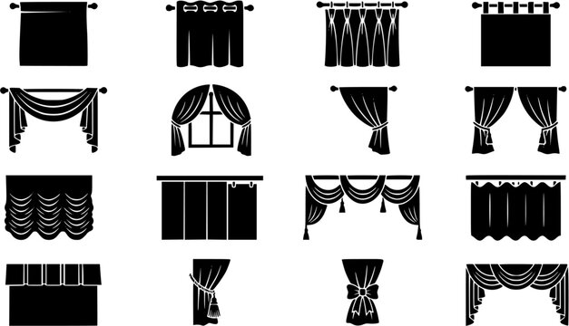 Collection of various curtain and window treatment silhouettes including valances, drapes, and shades isolated on white background.