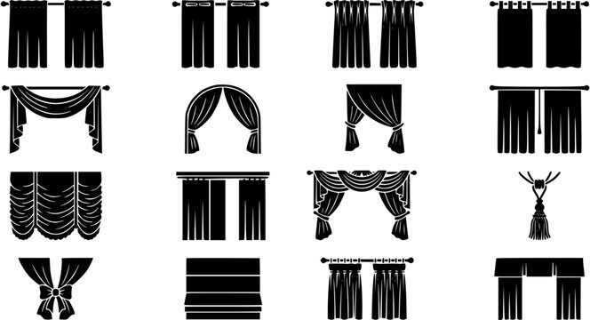 Set of various window curtains and drapes in black silhouette style, interior design elements for home decor
