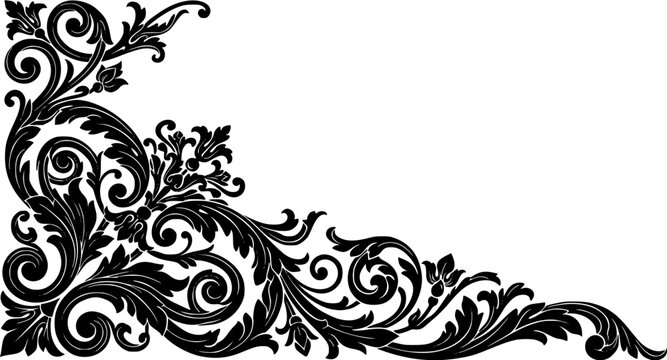 Vintage floral corner ornament with victorian acanthus leaves and swirl patterns for wedding invitation frame design