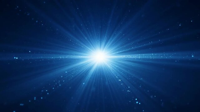 Radiant blue starburst on dark cosmic background with glowing rays and abstract light energy