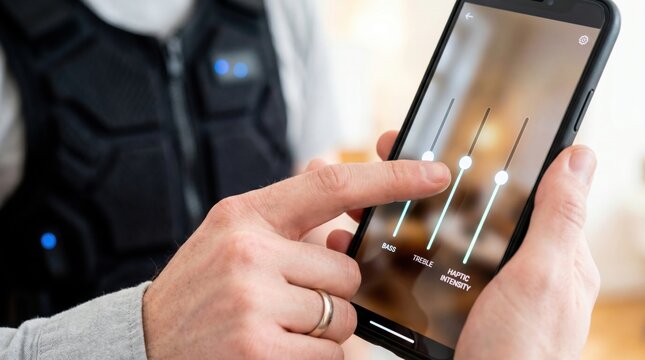 Person adjusting haptic intensity and audio settings on a smartphone app for a wearable tactile vest