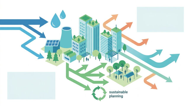 Isometric illustration depicting a sustainable urban ecosystem with water, energy, and waste flow arrows connecting buildings, industry, and residential areas, emphasizing circular economy
