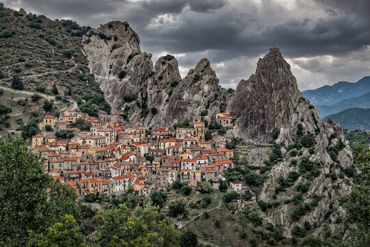 Castelmezzano among jagged rock peaks of the Dolimite Lucane in Basilicata, Italy