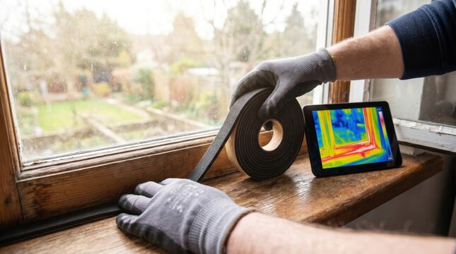 Worker applying weather stripping to a wooden window frame with a thermal imaging camera nearby