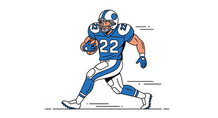 Fototapeta premium Vector illustration of an American football player in a blue uniform running with the ball, featuring a clean line art style on a white background.